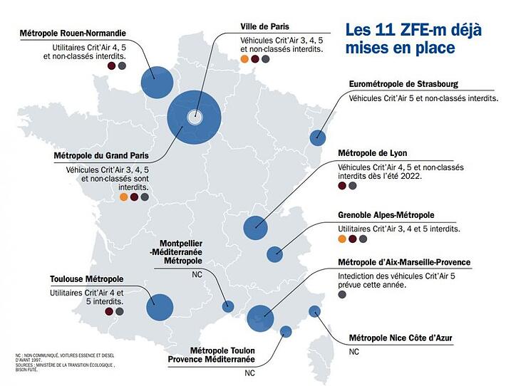 carte des 11 ZFE mises en place